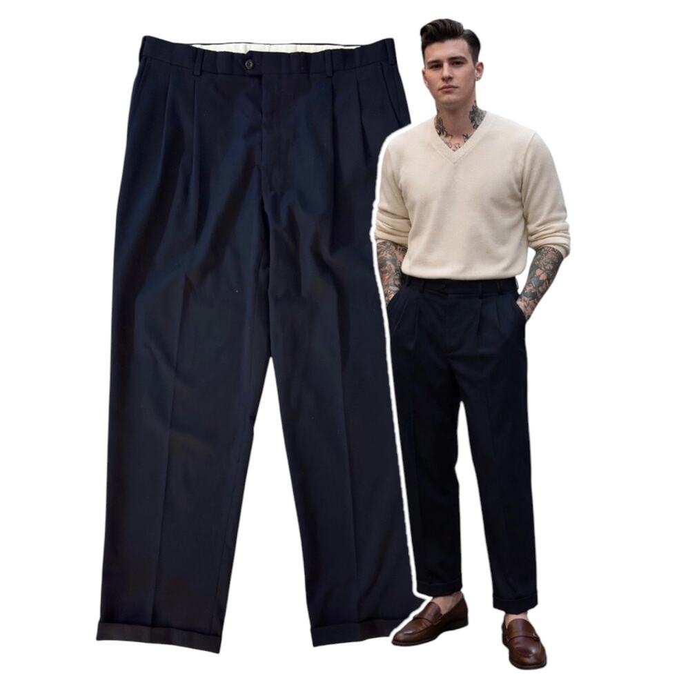 Vintage Mens Navy Blue Slacks Dress Pants Trousers 37" Waist 31.5" Inseam Preppy